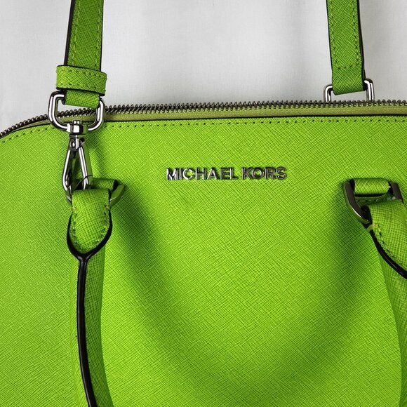 Michael Kors Cindy Medium Leather Satchel Bag Bright Green Adjustable Purse $298 - Picture 2 of 15